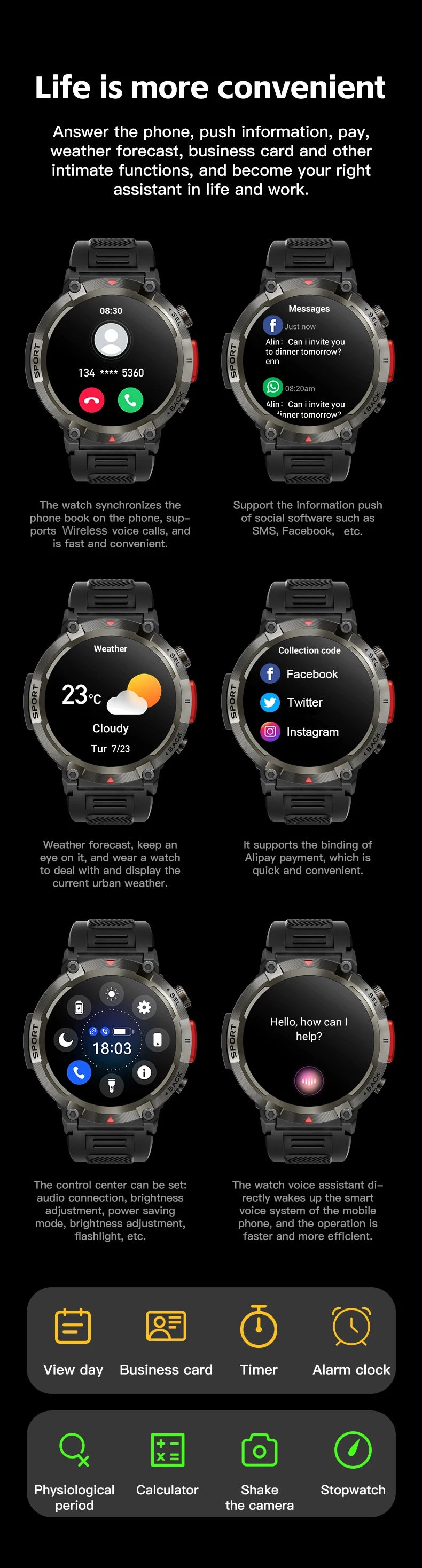 LIGE Military Grade New Outdoor Sports Men Smart Watch AMOLED Full Touch Screen With LED Flashlight Bluetooth calling SmartWatch