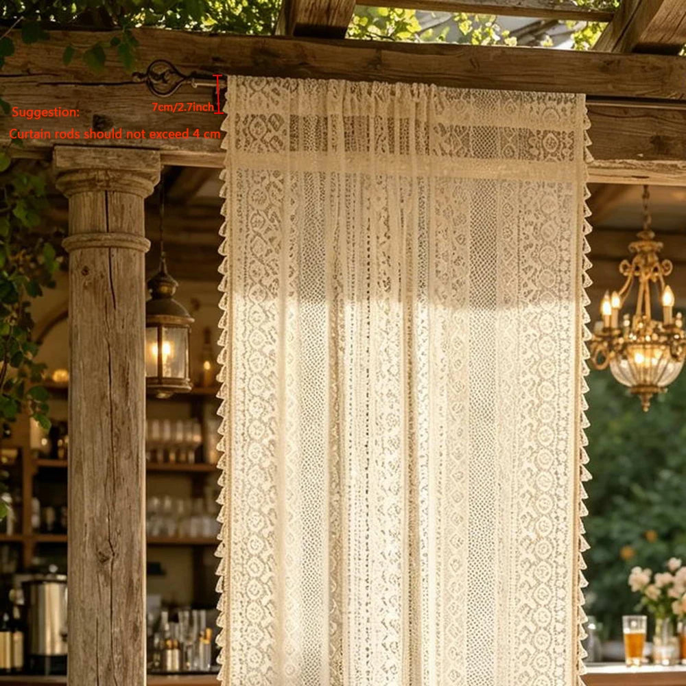 2 Pieces/Set Boho Geometric Hollow Lace Sheer Curtains with Tassel Vintage Patio Door Curtain for Farmhouse Sunroom Kitchen Cafe