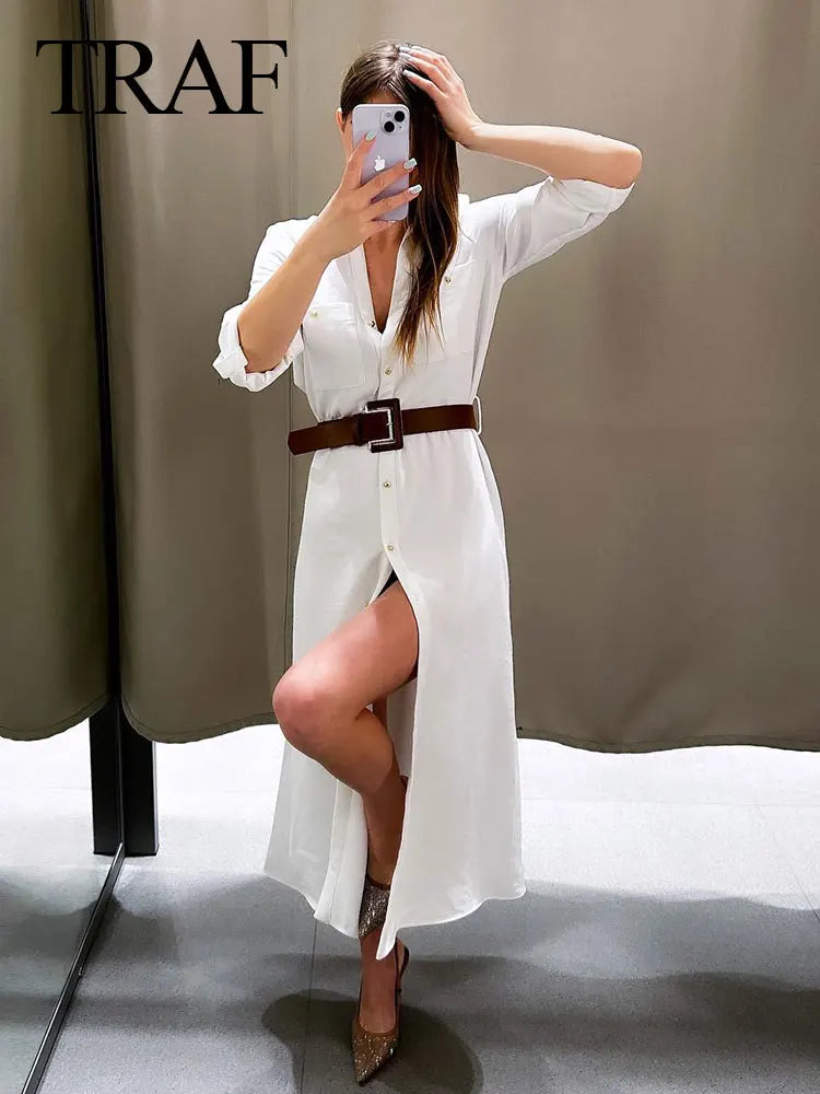 TRAF 2024 New Woman Elegant White Dress Women Lapel Casual Loose Chic Single-Breasted Pocket With Belt Slim Long Sleeve Dress