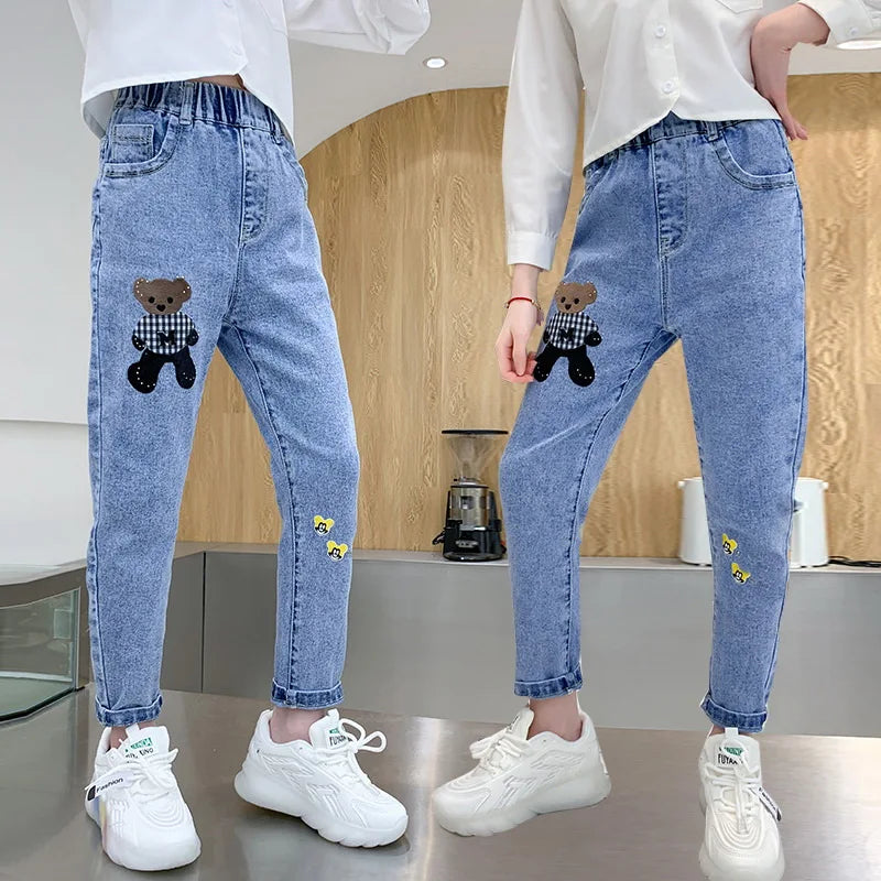 New Teenage Girls Jeans 2026 Spring Autumn Casual Fashion Loose Blue Kids Leg Wide Pants School Children Trousers 3-12Year