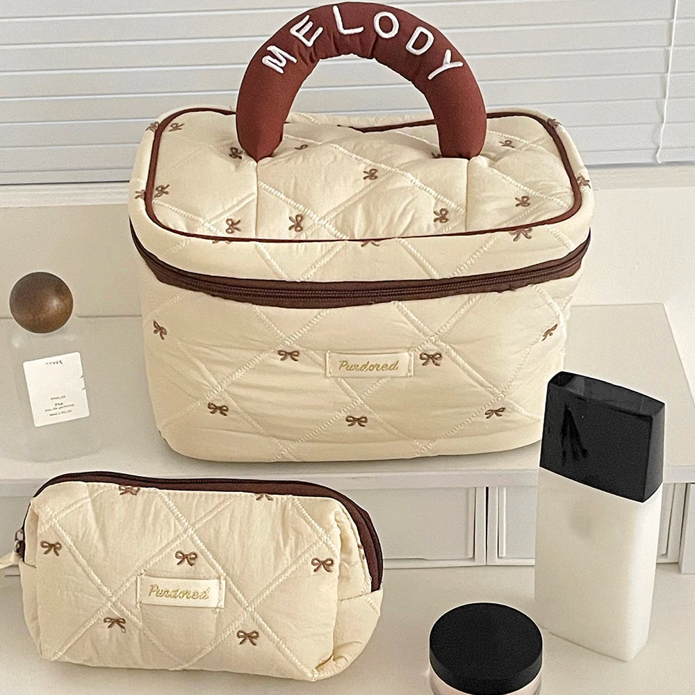 Fashion Brown Bow Cake Women Makeup Zipper Bag Large Capacity Tote Organizer Toiletry Cosmetic Pouch Ladies Make Up Handbag