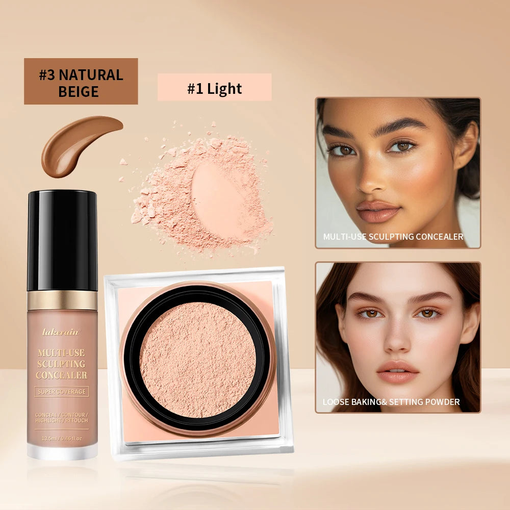 2pcs Face Makeup Set With Concealer And Loose Setting Powder Natural Face Smooth Matte Finish Women Cosmetics Korean Makeup