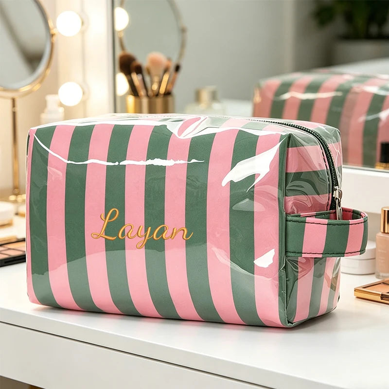 Customised Embroidery/Standard Style 2 Options, Striped Handbag, Makeup Storage Bag, Back-to-School Season, Gift!