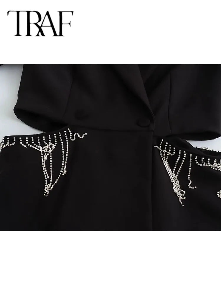 TRAF 2024 Spring Fashion Causal Tassel Playsuits Long Sleeve Vintage Woman Elegant Hollow Out Blazer Jumpsuit Slim Tops