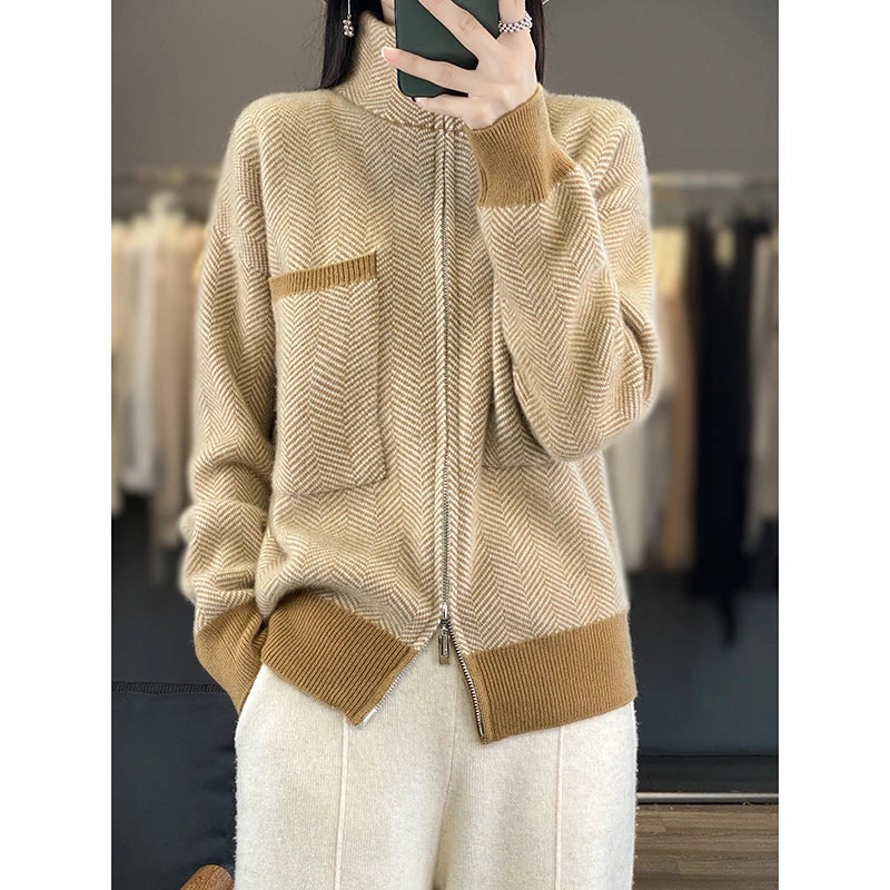 100% Merino Wool Women Sweater Casual Turtleneck Fancy Yard Cardigan Female Knitwear Long Sleeve Cashmere Overcoat Clothing Tops