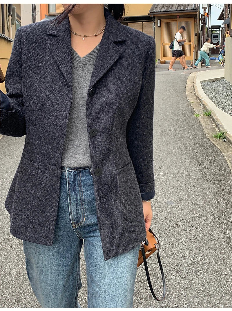 50 Wool Women Notched Collar Blazer Jacket Coat Fall Winter Thick Warm Overcoat Pocket Fashion Slim Waist Buttons Coat 2024 New