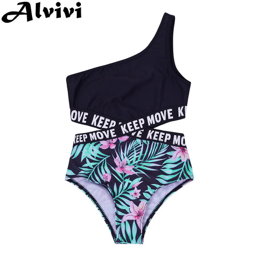 Kids Girls Hollow Out One-piece Swimwear Single Shoulder Letter Print Bodysuit Swimsuit Pool Bathing Suit Beachwear Sportswear