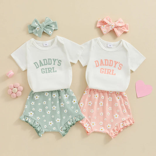 Lioraitiin Newborn Baby Girl Summer Outfits Daddy’s Girl Short Sleeve Romper Flower Ruffle Shorts Headband 3Pcs Clothes Set