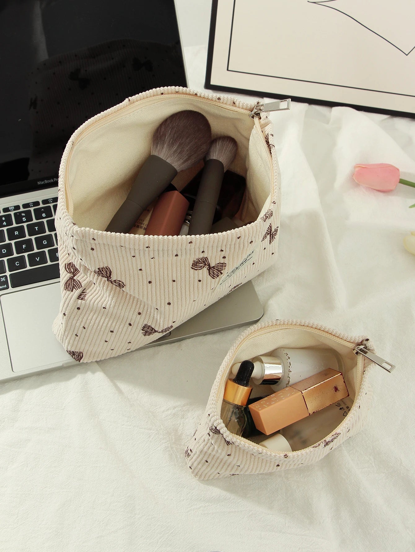 1 piece/set beige heart, bow makeup bag, heart pattern clutch, multifunctional fashion makeup bag, cute makeup brush storage bag