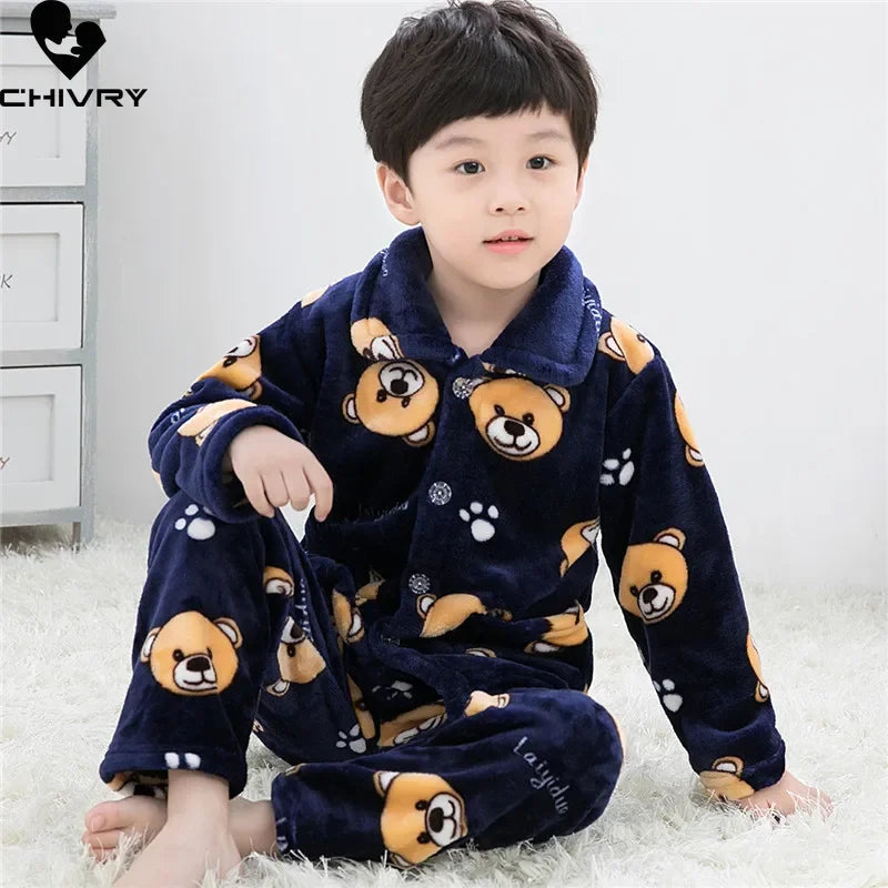 New Kids Flannel Pajama Sets Boys Girls Autumn Winter Thicken Warm Home Wear Cartoon Lapel Long Sleeve Sleeping Clothing Sets