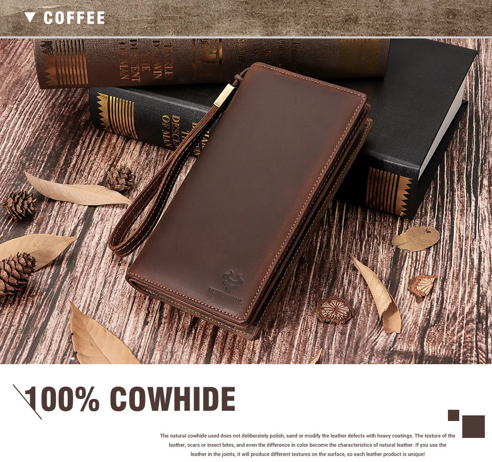 HUMERPAUL Full Grain Leather Wallet for Men Long Clutch with Cell Phone Pocket Multifunctional RFID Credit Card Holder Handbags