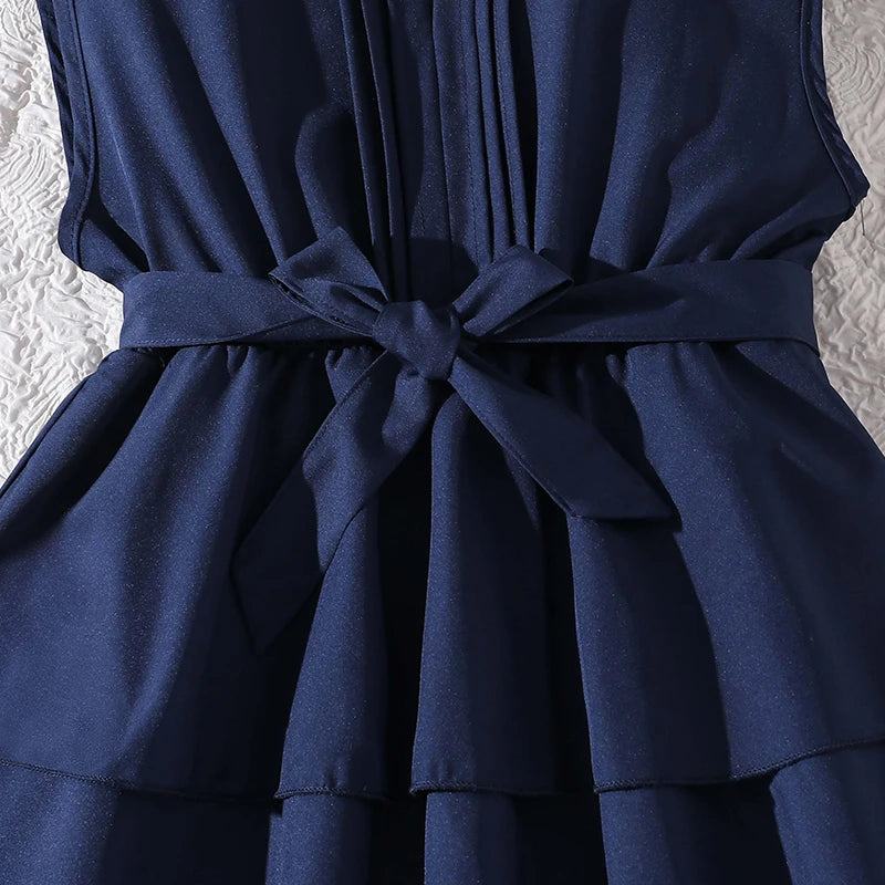 Girls 8-12 Fashion Dress, Solid Color Stand Collar Button A-Line Tiered Dress, Chic and Stylish for Daily Outings