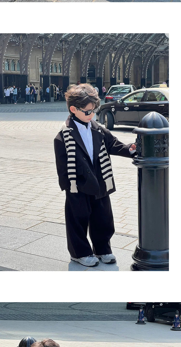 Boys Woolen Suit Set Autumn Winter Thicken Warm Casual Blazers Trousers Two-piece Children White Wedding Outfits 2 To 12 Years