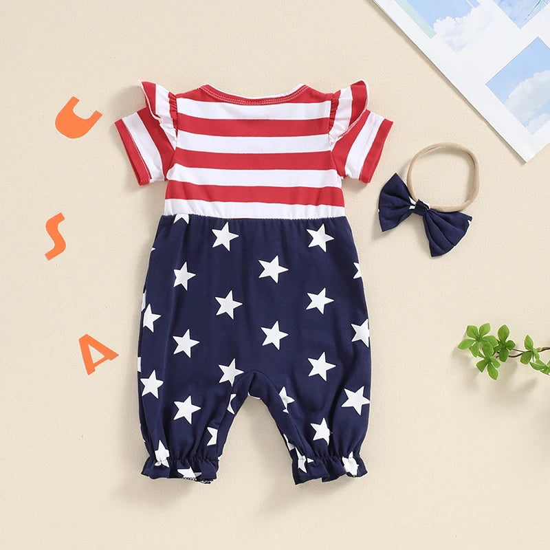 Newborn Baby Girl 4th of July Outfit American Flag Romper Ruffle Short Sleeve Jumpsuit with Headband