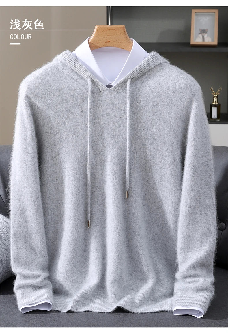 Men's Clothing: 100% Pure Mink Cashmere Knitted Sweater Casual And Loose Large-Sized Hooded Pullover Autumn Winter New Products