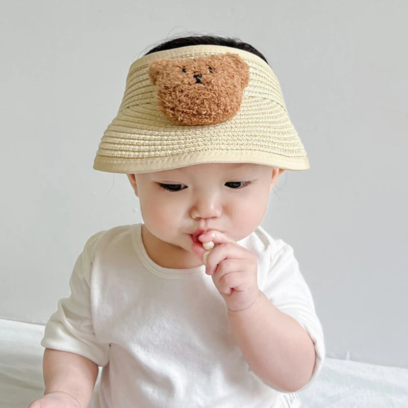 Precioso oso de dibujos animados, sombrero de paja para bebé de verano, gorras ajustables para niños y niñas, sombreros para el sol para niños, gorra transpirable para niños pequeños