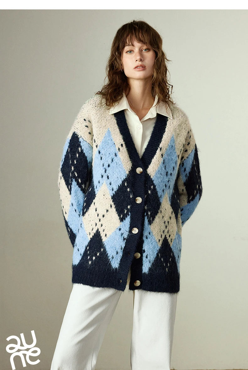 TOYOUTH Women Sweater Coats 2025 Winter New Retro Nordic Colorblock Argyle V-Neck Loose Wool-Blend Outerwear