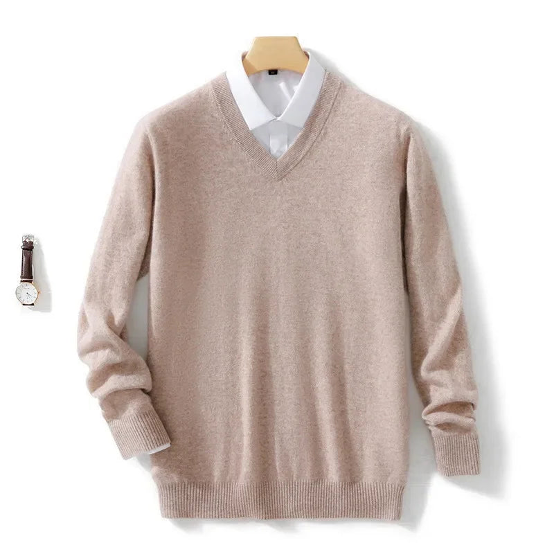 Soft Cashmere Sweater Men's Clothing Autumn Winter Pullover Business Casual Bottom V-neck Knitted Woolen Slim Fit Knitwear Male