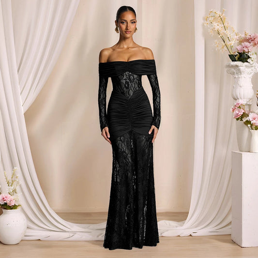 Women Elegant Lace Hollow Out  Evening Dress Off Shoulder Long Sleeve Ruched Bodycon Party Dress Female Formal Prom Maxi Dresses