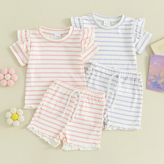 2024-01-23 Lioraitiin Conjunto de verano para niña pequeña, camiseta de manga corta con volantes y punto gofre, conjunto de pantalones cortos, conjunto de ropa de 2 uds.