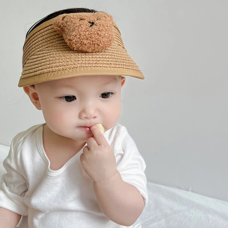 Precioso oso de dibujos animados, sombrero de paja para bebé de verano, gorras ajustables para niños y niñas, sombreros para el sol para niños, gorra transpirable para niños pequeños