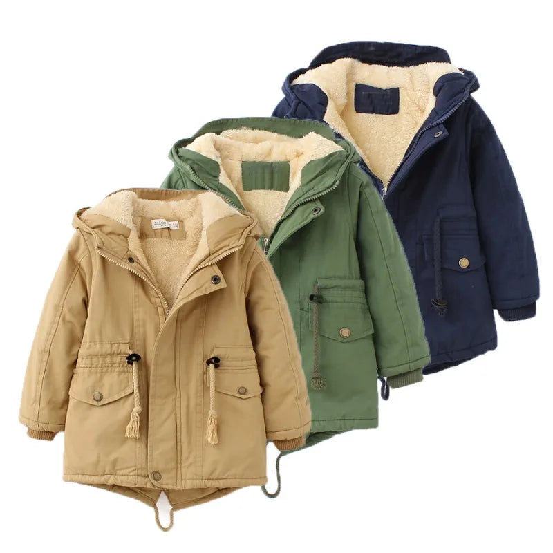 Winter Kids Clothes Plus Velvet Thicken Warm Jacket for Girls Casual Zipper Boys Outerwear Solid Versatile Children's Clothing