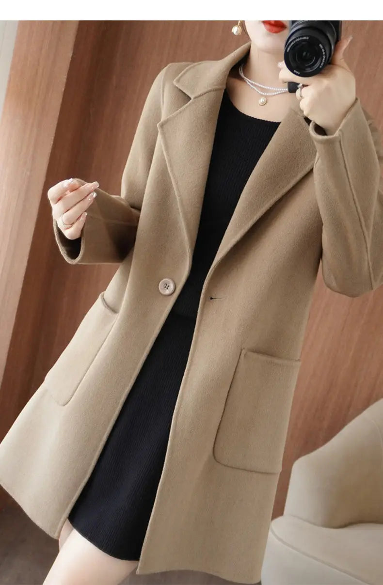 100% Pure Wool Double-Sided Cashmere Jacket Women Overcoat  Autumn Winter New Mid-Length One-Button Slim Wool Windbreakers coat