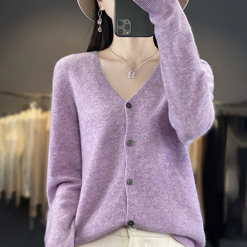 New Fashion Spring Autumn 100% Merino Wool Women's V-neck Cardigan Cashmere Sweater 2024 Female Knitwear Clothing Korean Tops