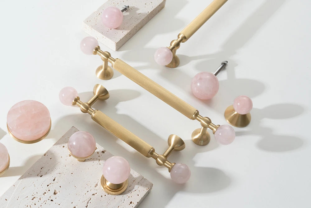 Pink Rose Quartz + Brass Cabinet Pulls,Natural Crystal Ball Knobs for Kitchen Cupboard Dresser Wardrobe, Gold Furniture Hardware