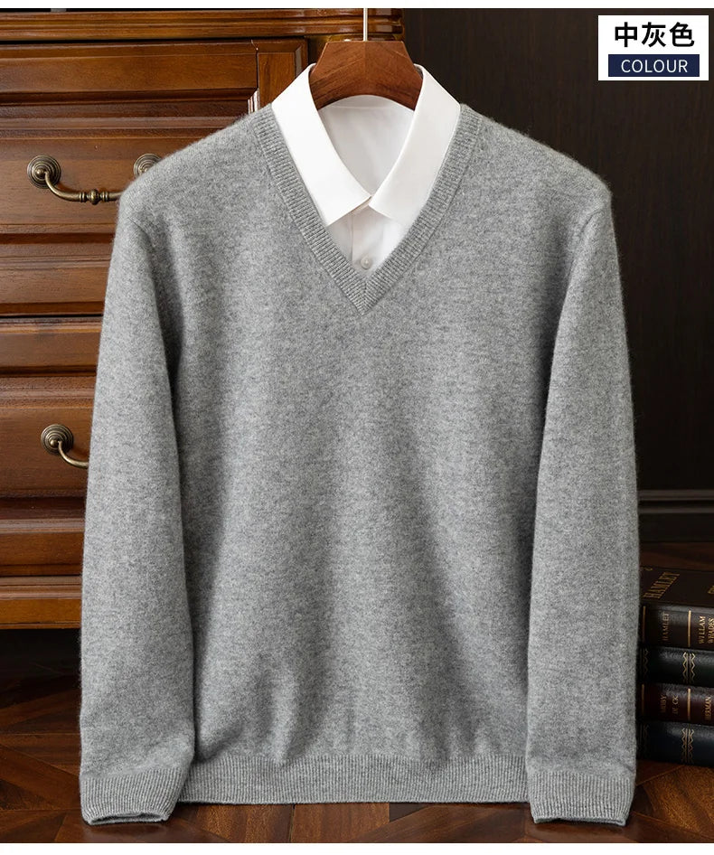 100% Cashmere Men's Pullover Casual Solid Color Knitted Sweater Loose Pull V-Neck Tops Basic Versatile Jumper