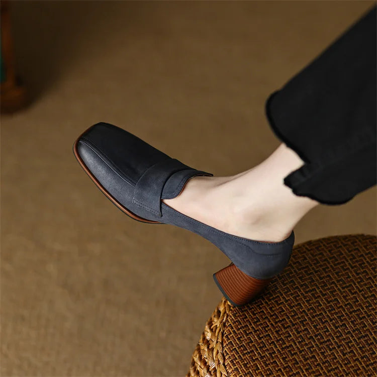 2024 Spring New GENUINE LEATHER Women Shoes LEISURE Women Slip-On Shallow Pumps Square Toe Heels Shoes Women Zapatos De Mujer