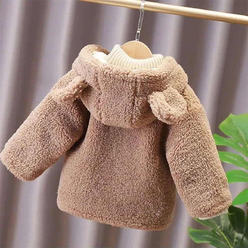 Chaqueta de invierno gruesa y cálida con capucha para niños, abrigos de peluche con oso bonito, ropa para niña pequeña