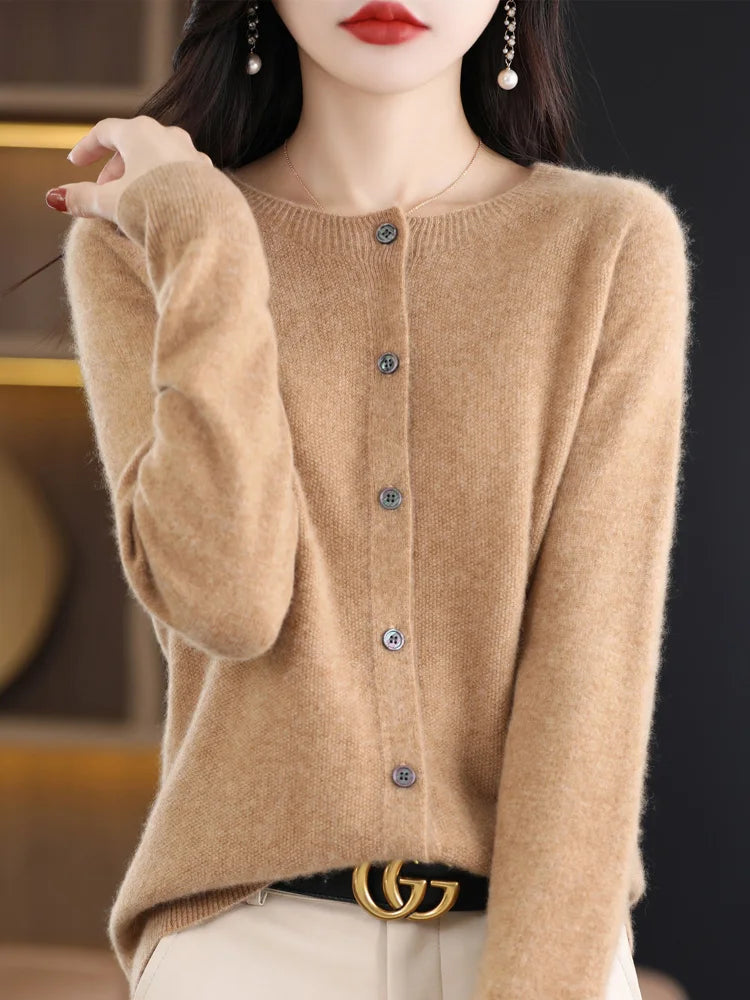 Women Cashmere Sweater 100% Merino Wool Knitted Cardigan Autumn Winter  Knitwear O-Neck Female  Solid Color Casual Fashion Top