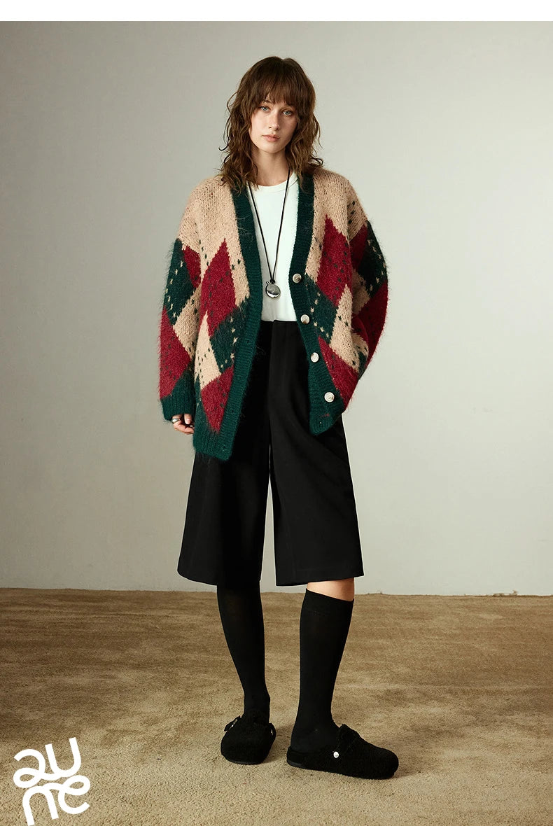 TOYOUTH Women Sweater Coats 2025 Winter New Retro Nordic Colorblock Argyle V-Neck Loose Wool-Blend Outerwear