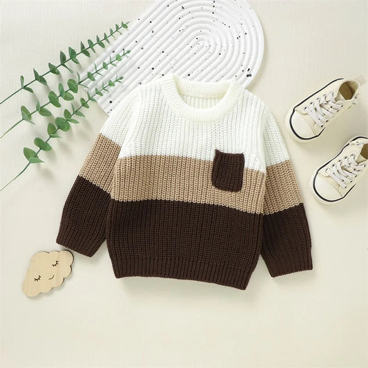 Suefunskry Bebé Niños Niñas Suéter De Punto Contraste Color Cuello Redondo Caliente Jerséis Manga Larga Tops Otoño Invierno Ropa Niño