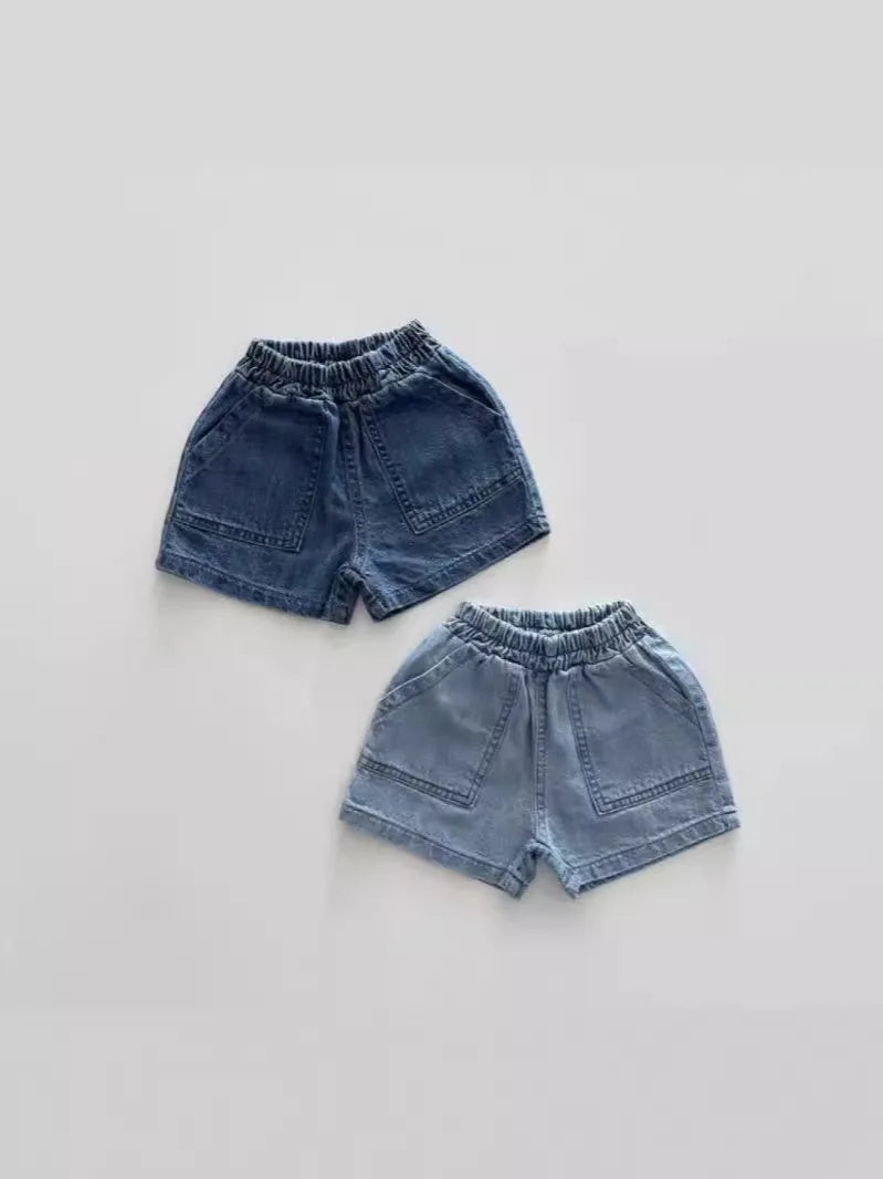 2024 Summer New Baby Denim Shorts Solid Toddler Boy Fashion Short Jeans Infant Girl Large Pocket Casual Shorts Versatile Clothes