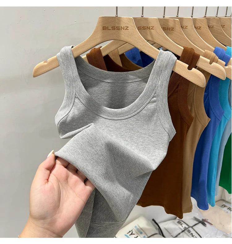 Women Solid Round Neck Ribbed Tank Top Camisole Women 2026 Summer Basic Elastic Tank Top O Neck Solid Tank Top