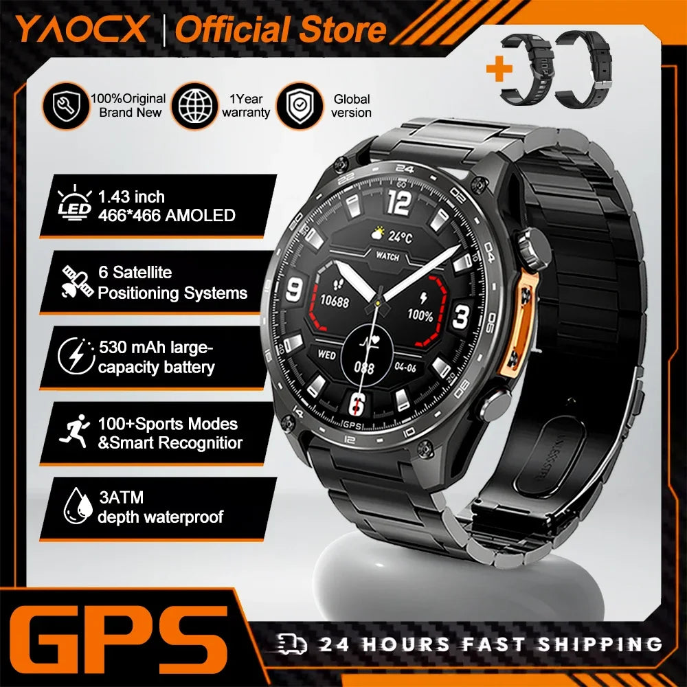 2026 New Smart Watch for Men with Built in GPS Maps 100+ Sport Modes 3ATM Waterproof BT Call MP3 MP4 Playback Altitude Compass