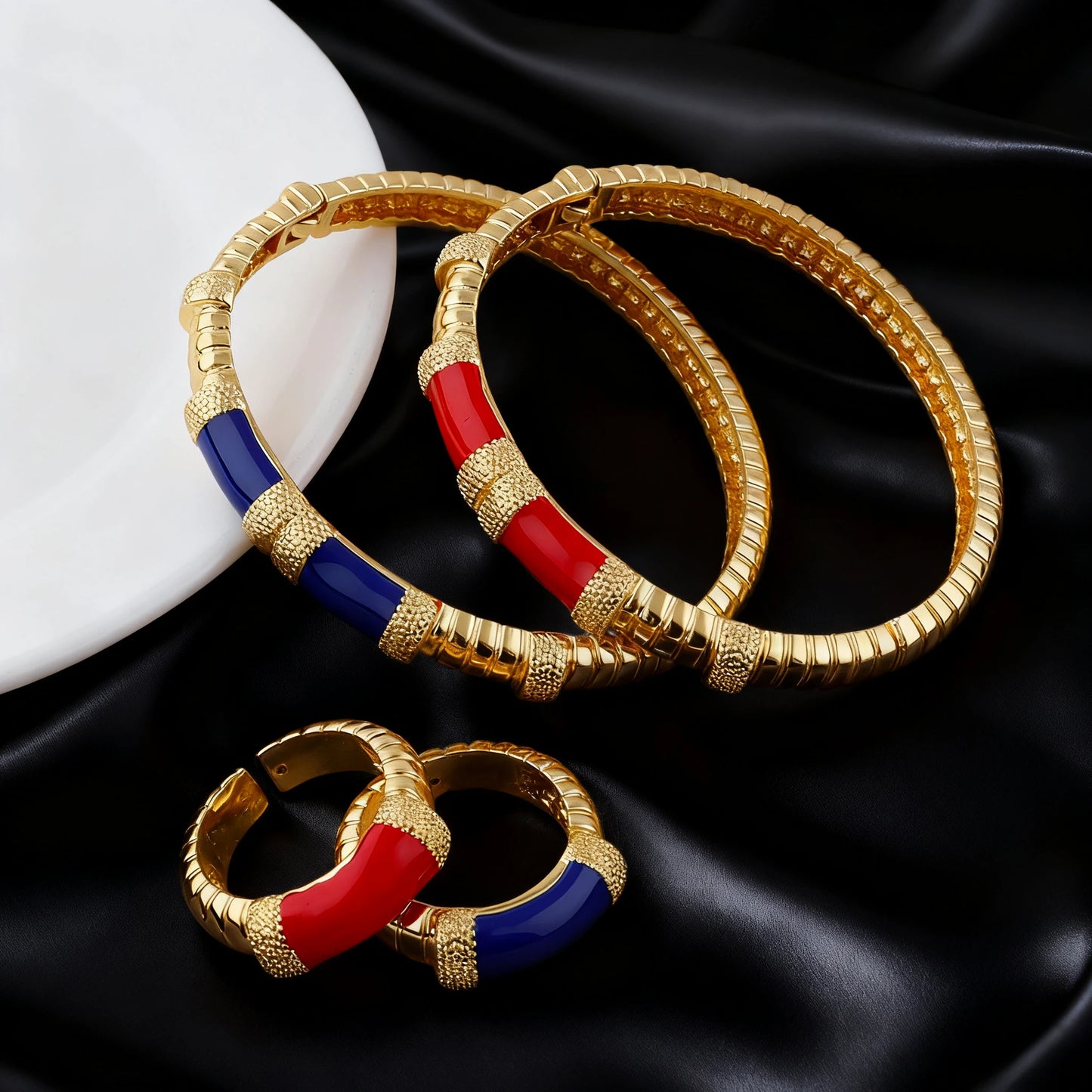 18K Gold Color Plated Dubai Bracelets Luxury Arabian Wedding Jewelry Sets, Hidden Buckle Women’s Bracelets and Rings Jewelry Set