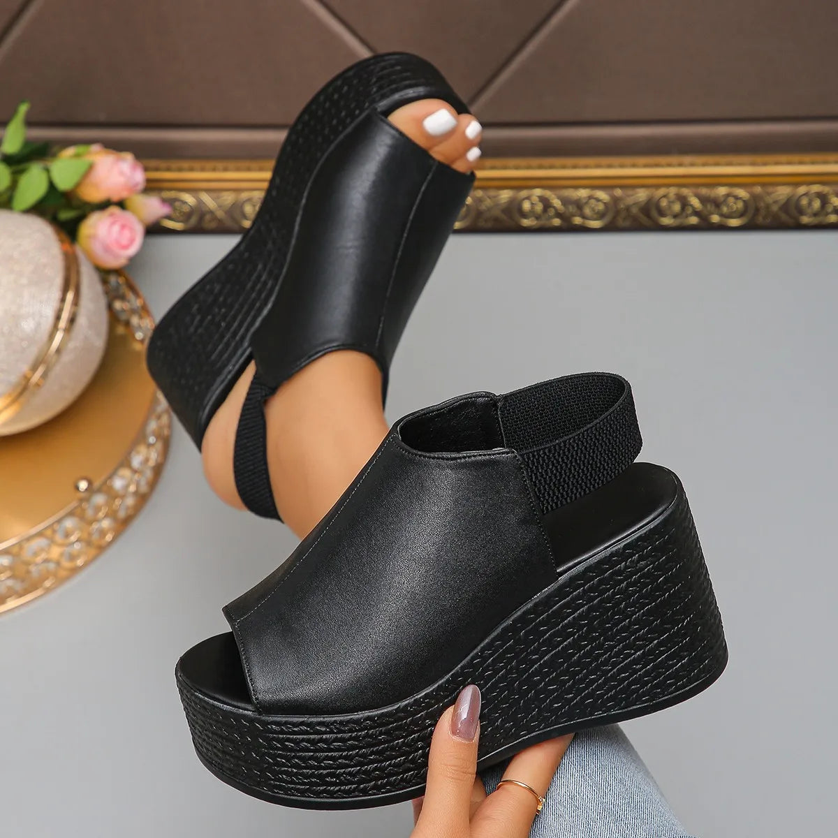 Women Sandals High Quality Summer Leather Wedge Sandals Women  New Platform High Heels Shoes Sexy Open Toe Elegant Sandals