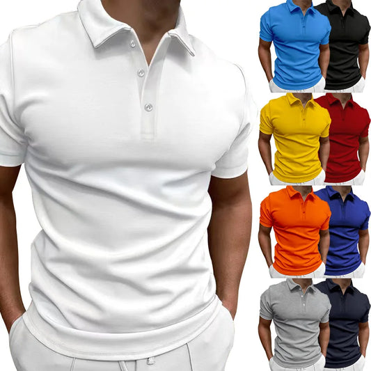 Summer Men's Solid Color Short Sleeve Polo Shirt Casual Slim Lapel Button Top T-Shirt