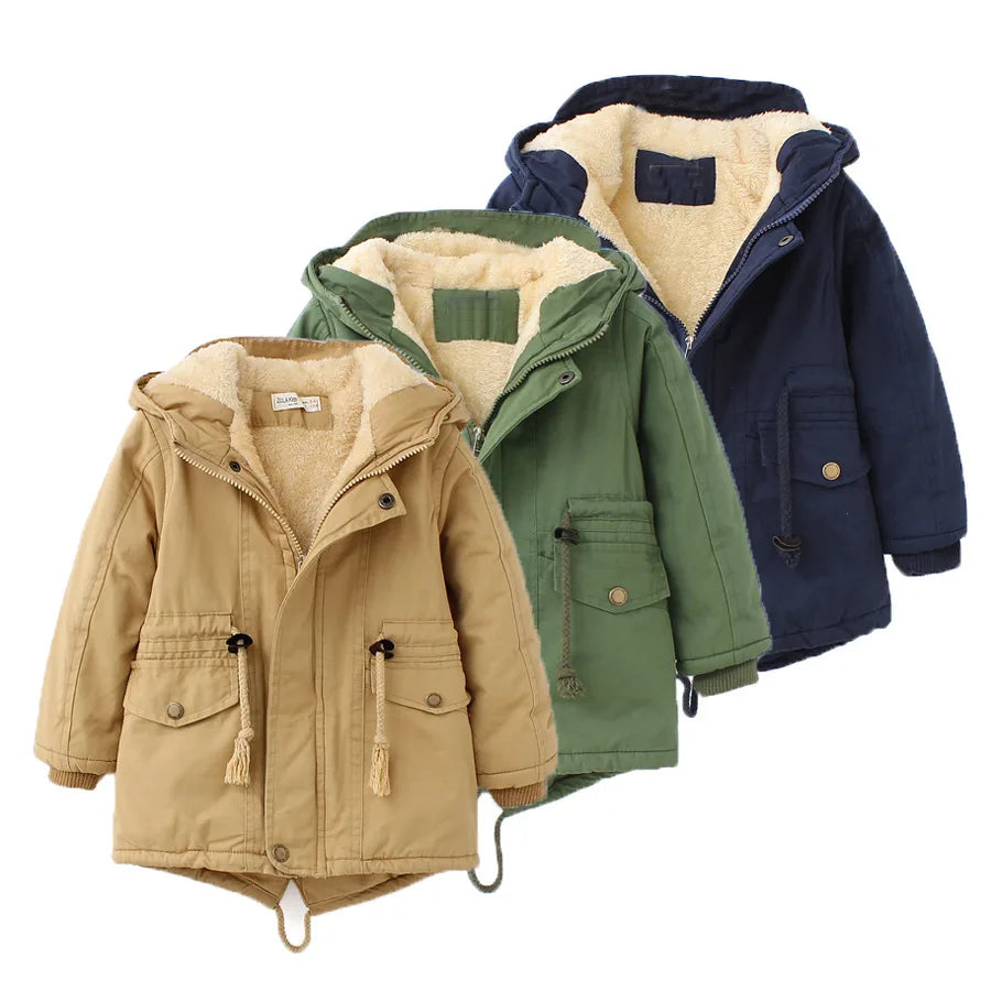 Winter Kids Clothes Plus Velvet Thicken Warm Jacket for Girls Casual Zipper Boys Outerwear Solid Versatile Children's Clothing