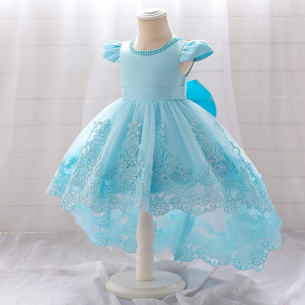 Vestido de bebé con lazo para niña, vestido de princesa de tul con cuentas, bordado de 1er cumpleaños, vestidos de fiesta para niña, disfraz de bautismo rosa