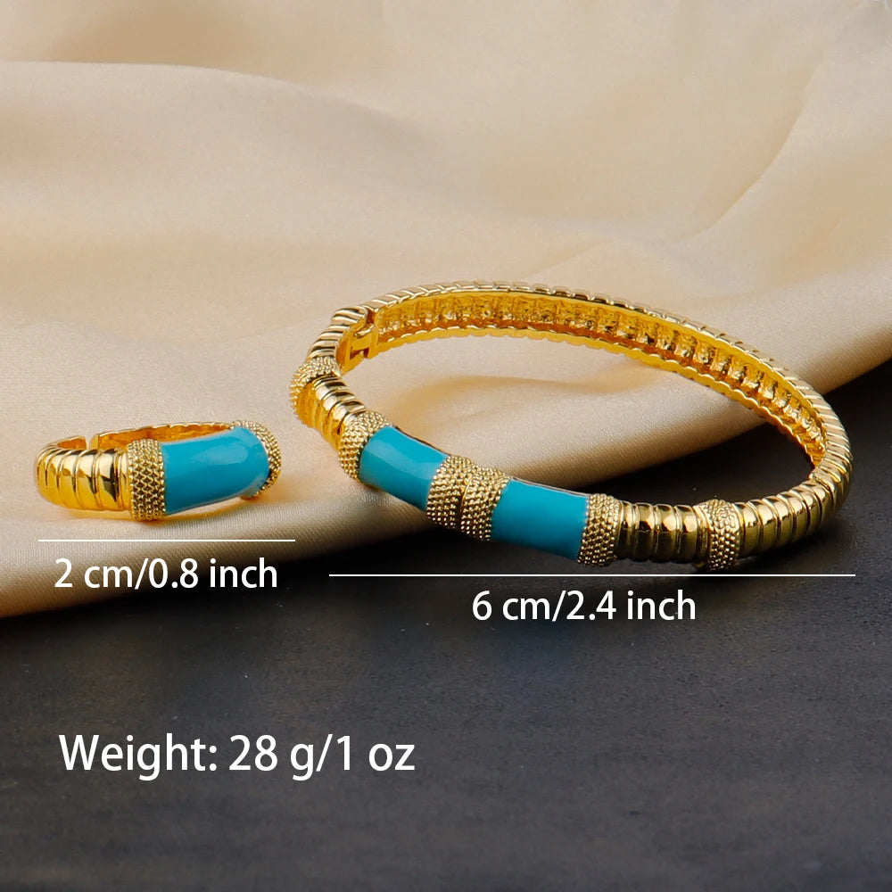 18K Gold Color Plated Dubai Bracelets Luxury Arabian Wedding Jewelry Sets, Hidden Buckle Women’s Bracelets and Rings Jewelry Set