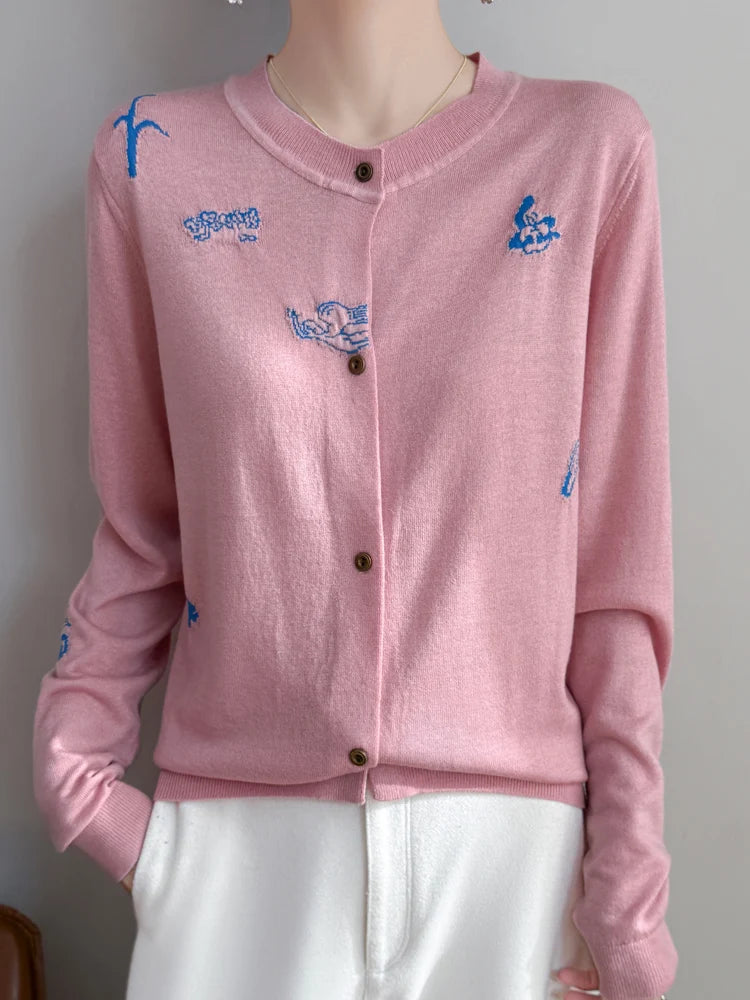 2025 New Merino Worsted Wool Women Sweater Spring Female Knitted Cardigan Long Sleeve Solid Clothing Tops Embroidery Outerwear