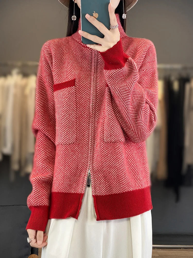 100% Merino Wool Women Sweater Casual Turtleneck Fancy Yard Cardigan Female Knitwear Long Sleeve Cashmere Overcoat Clothing Tops
