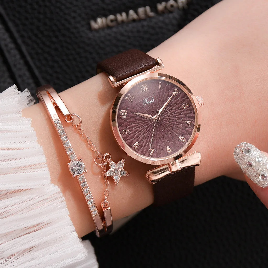 Fashion Women Watches Luxury Leather Buckle Flower Rhinestone Watch Ladies Quartz Wrist Watch Bracelet Set Reloj Mujer