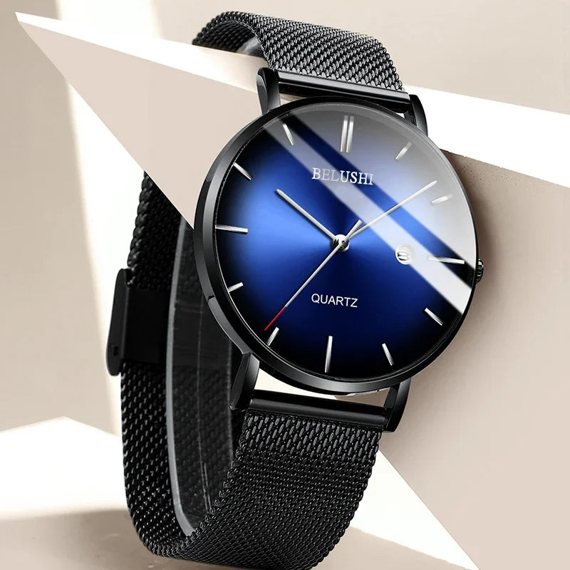 BELUSHI Fashion Mens Watches Top Brand Luxury Slim Steel Mesh Quartz Watch Men Business Waterproof Analog Wrist Watch Male Clock