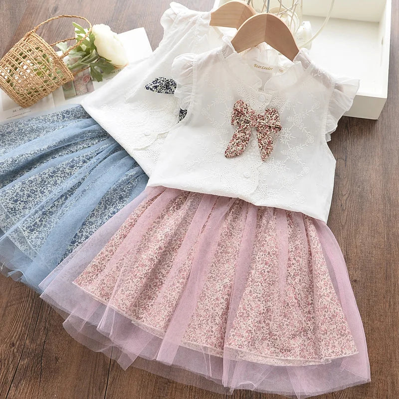 Bear Leader New Summer Casual Children Sets Chiffon Flowers Blue T-shirt Pants Girls Clothing Sets Kids Summer Set for 3-7 Years