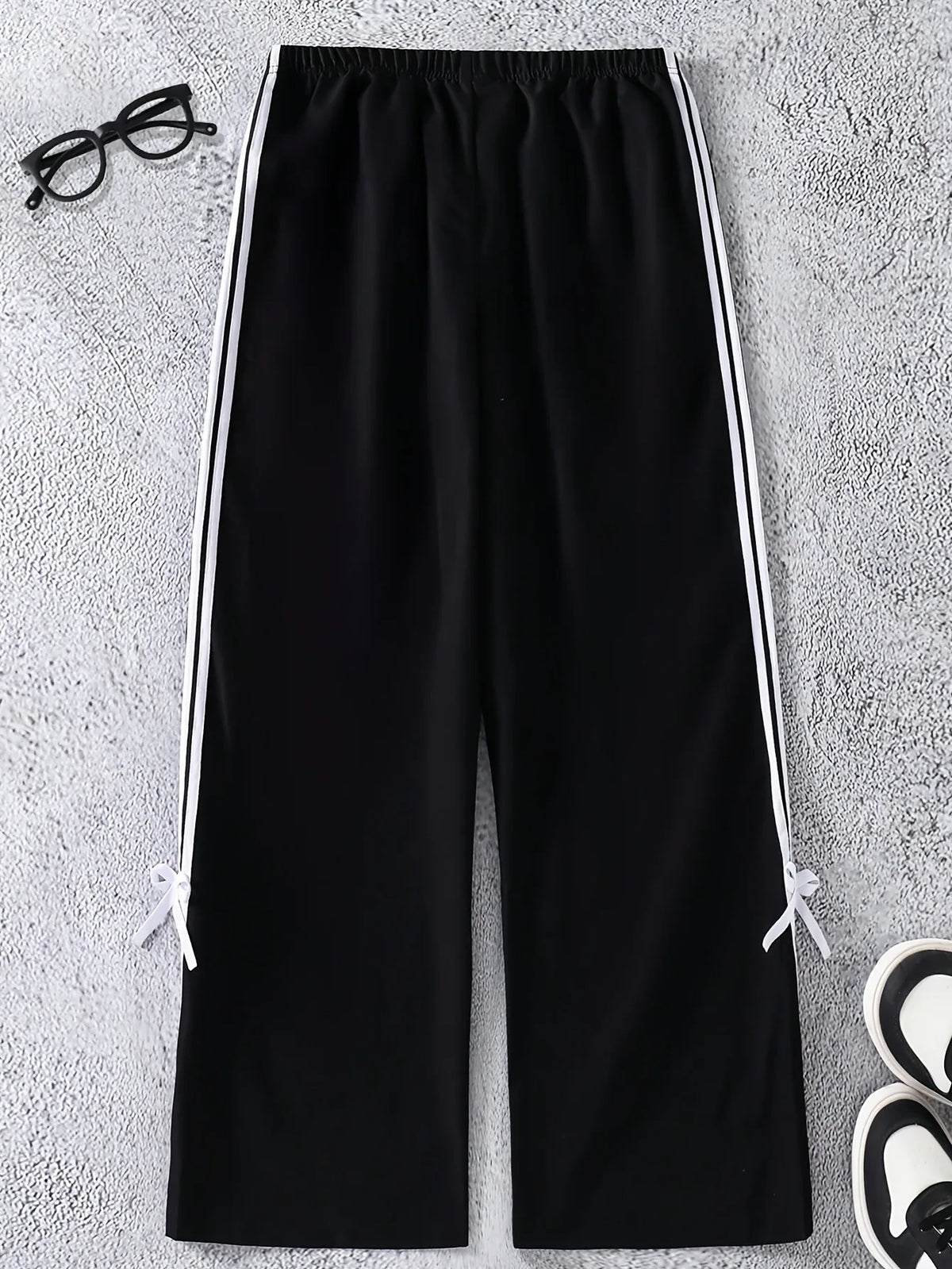 Girls Trendy  Black Wide Leg Pants, 3 White Striped Drawstring Waist Trousers with Bowknot Detail Casual Streetwear